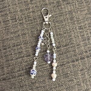 Blue Beaded Bag Charm with Real Pearl and Floral Accents